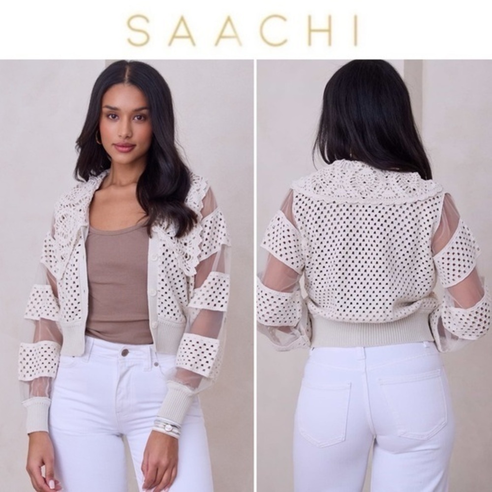 SAACHI HAND CROCHET SHEER BUTTON CARDIGAN CREAM IVORY OS 150$
